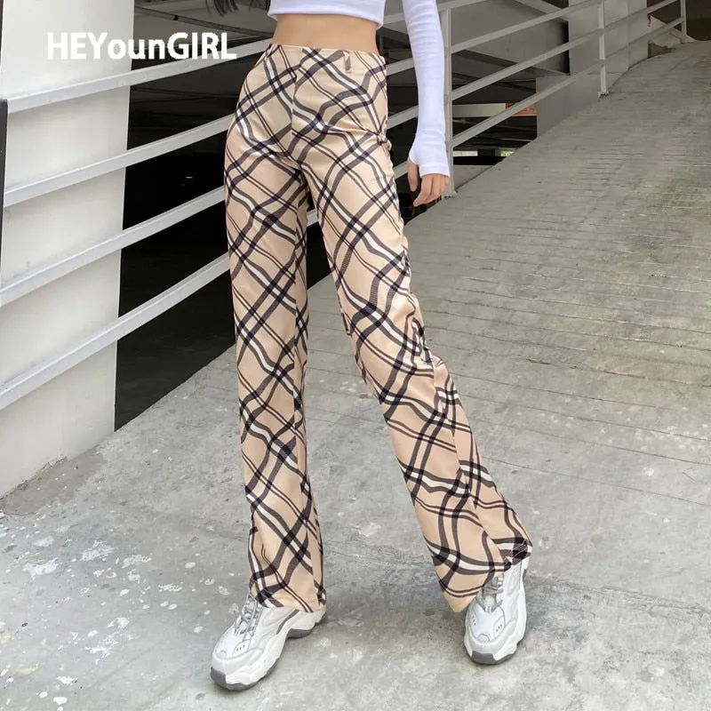 2021 HEYounGIRL Checkered Print Straight Long Trousers High Waisted Pants Flare bottoms Sizes S - L