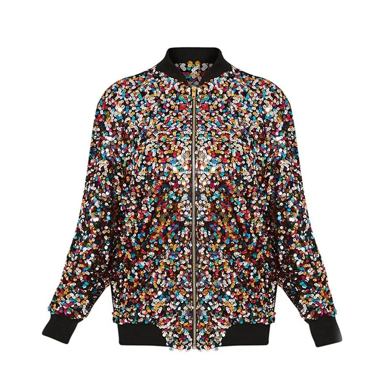 Amazing Fashionable  Style! Super Chic Colorful Sequin bomber jacket women coats cardigan Dressy Evening baseball jackets jaqueta feminina inverno fashion