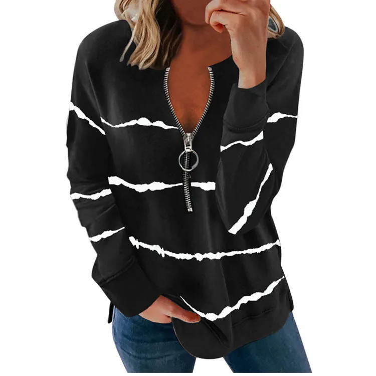 Autumn Striped Zipper V-neck Long Sleeve Large Stripes Size Loose-fitting Women's T-shirt