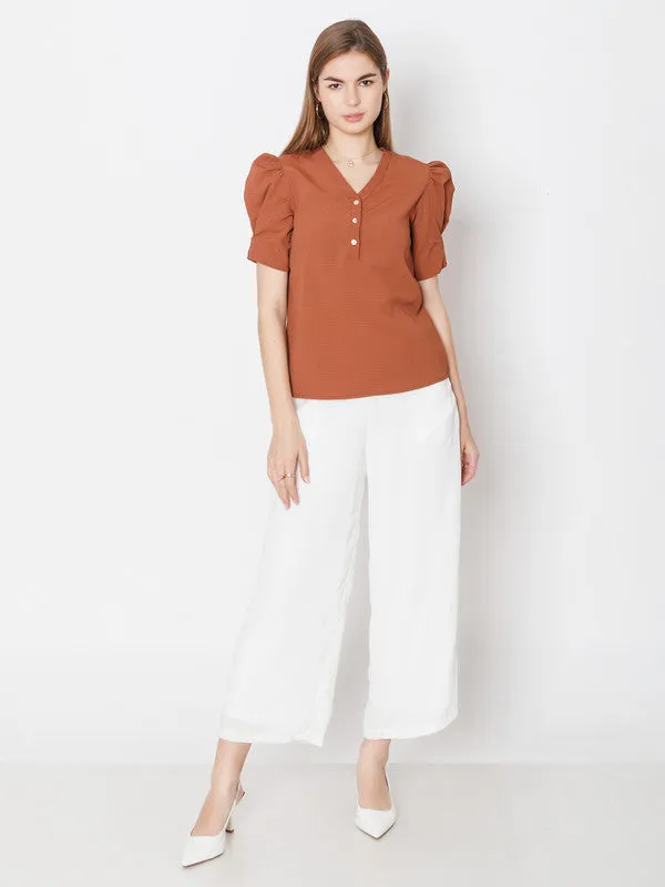 Brown Solid Textured Basic Top