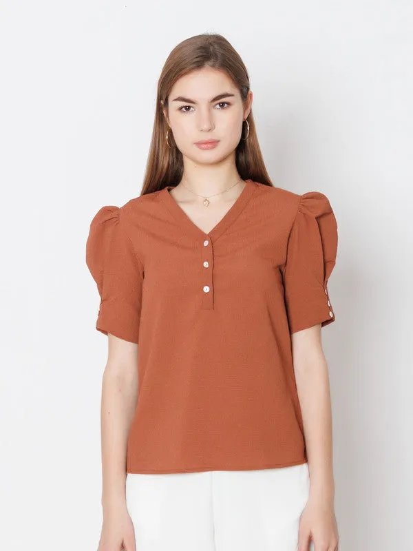 Brown Solid Textured Basic Top