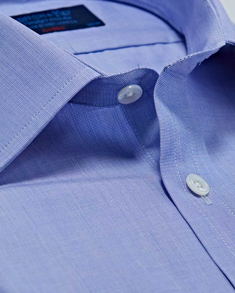 Classic Fit Plain Blue End-on-End Cotton Shirt with Classic Collar & Two Button Cuff