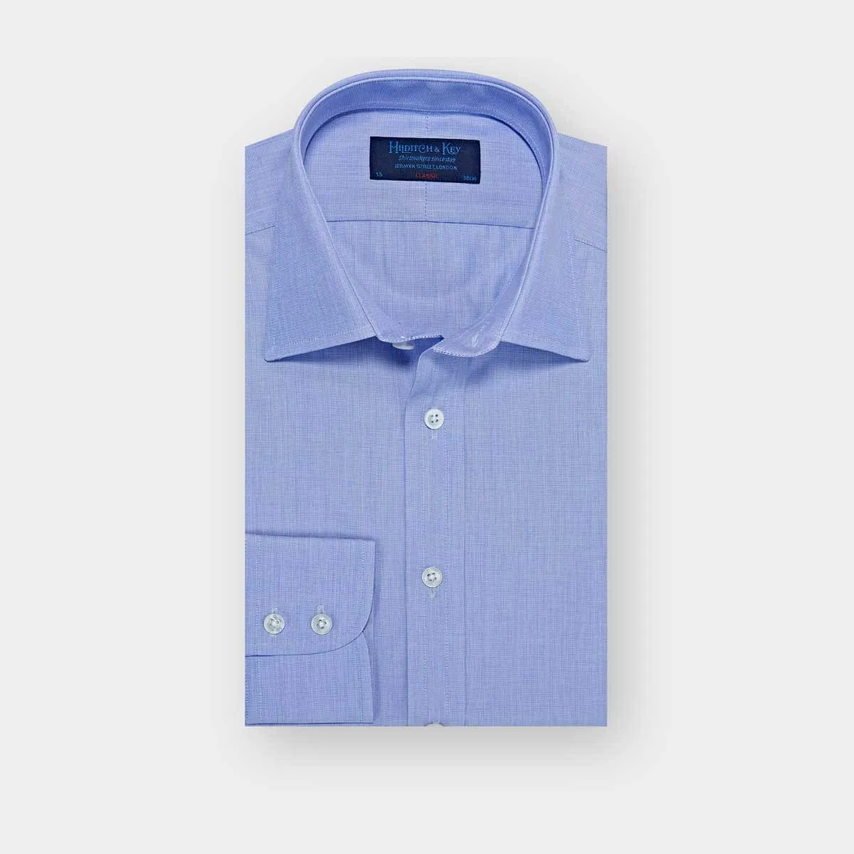 Classic Fit Plain Blue End-on-End Cotton Shirt with Classic Collar & Two Button Cuff