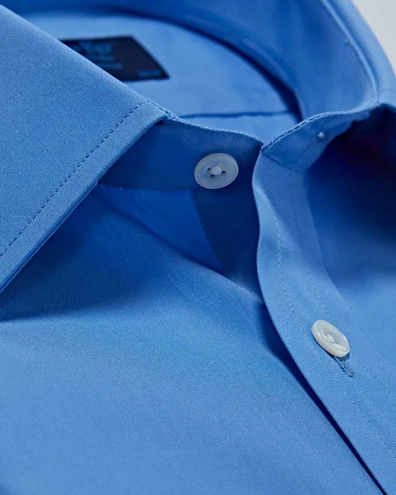 Classic Fit Plain Deep Blue Cotton Poplin Shirt with Classic Collar & Two Button Cuff