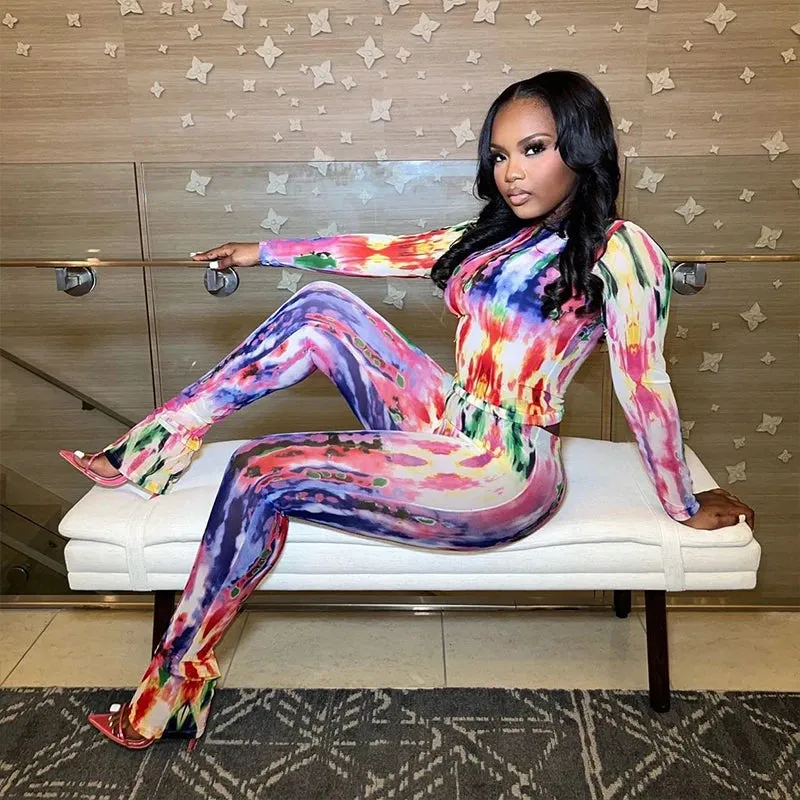 Colorful Mesh Long Sleeve Stacked Pants Set