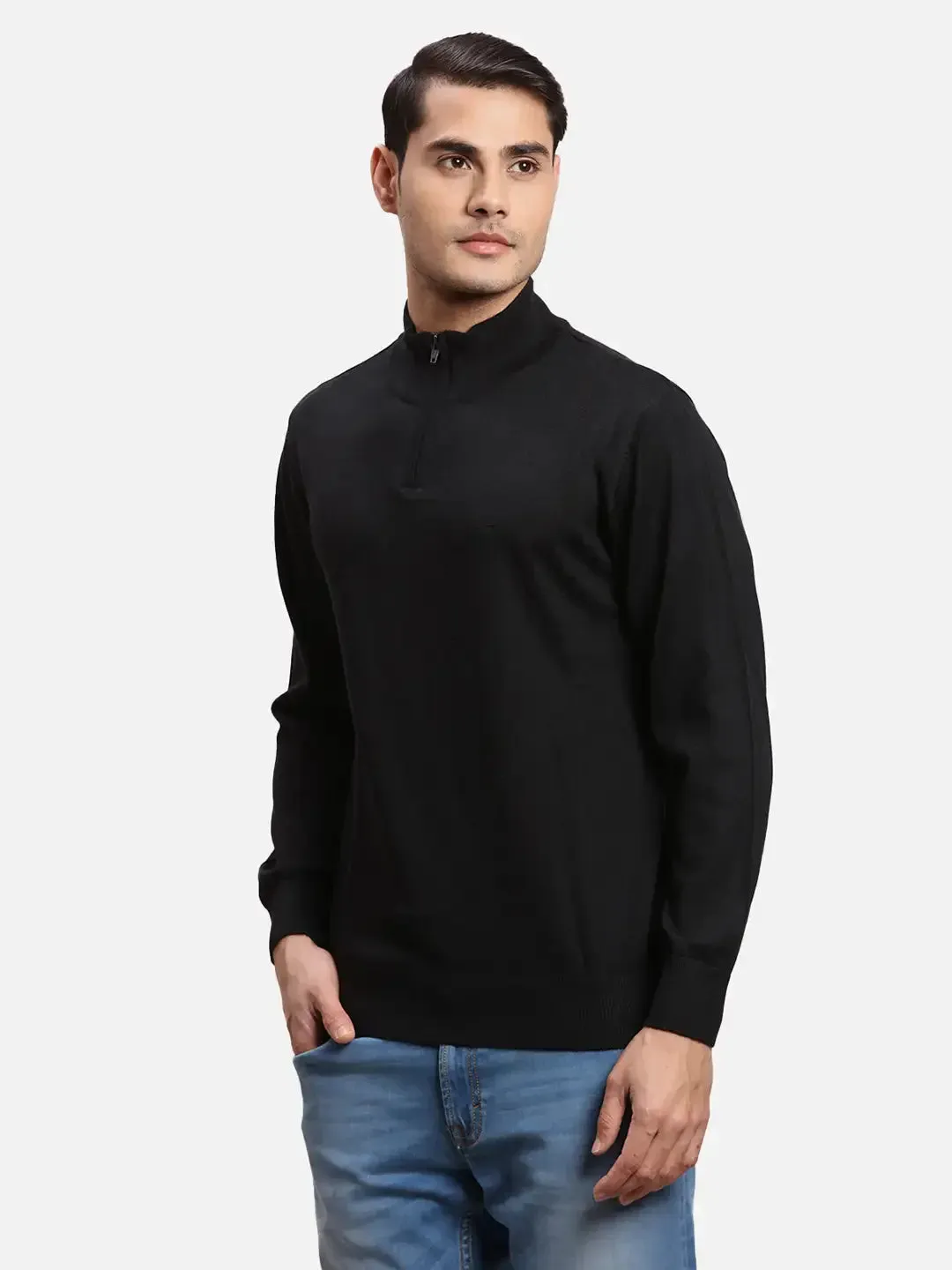 Colorplus Men Black Solid Regular Fit Wool Blend Full Sleeve V Neck Sweaters