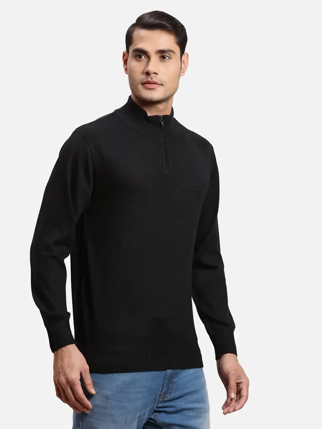 Colorplus Men Black Solid Regular Fit Wool Blend Full Sleeve V Neck Sweaters