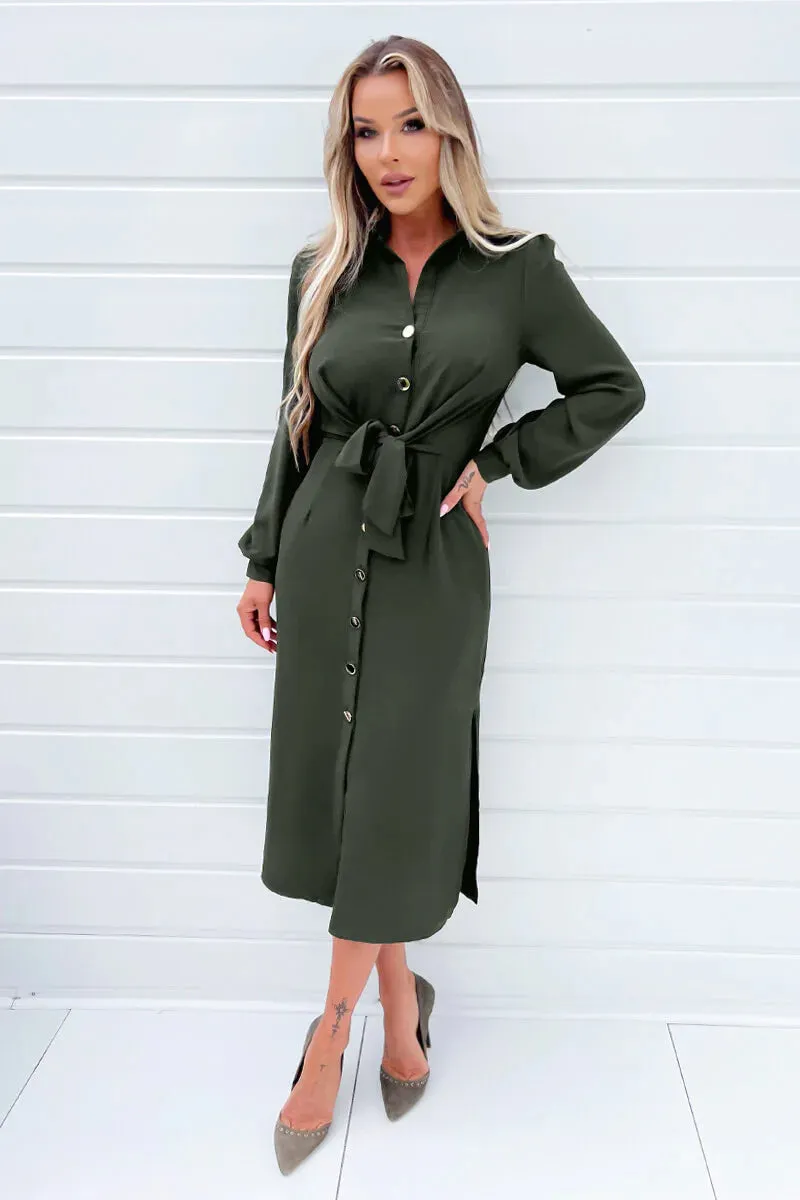 Faith Olive Green Tie Front Midi Shirt Dress