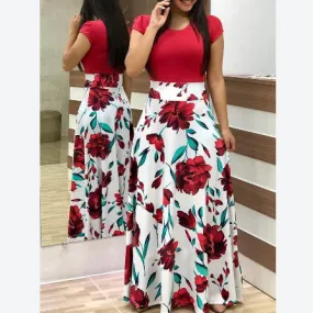 Fashion Printed Wide Hem Full Skirt Short Sleeve Wholesale Maxi Dresses Casual