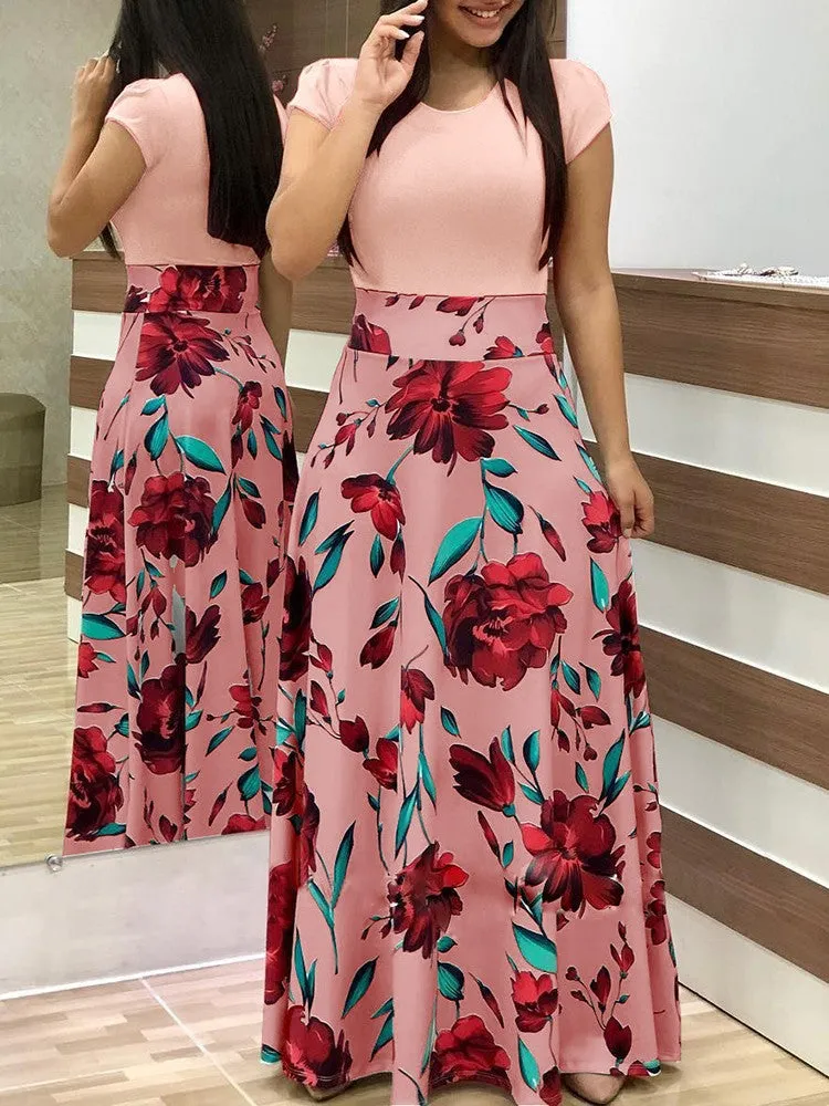 Fashion Printed Wide Hem Full Skirt Short Sleeve Wholesale Maxi Dresses Casual