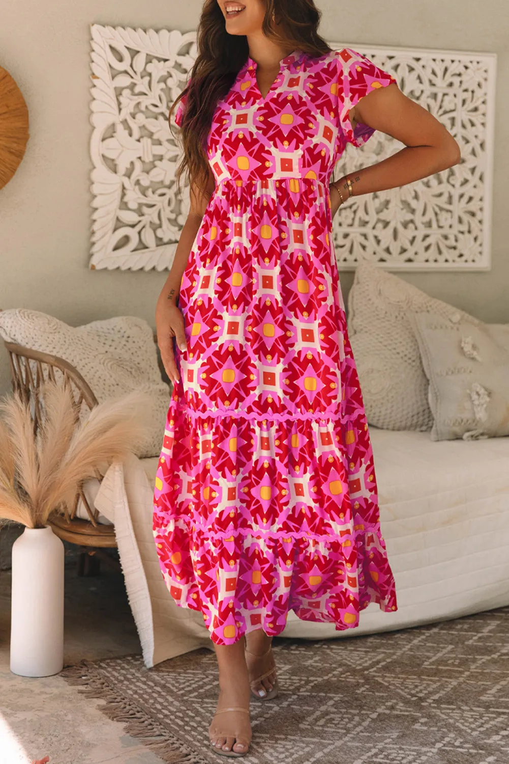 Geo Print V-neck Maxi Dress