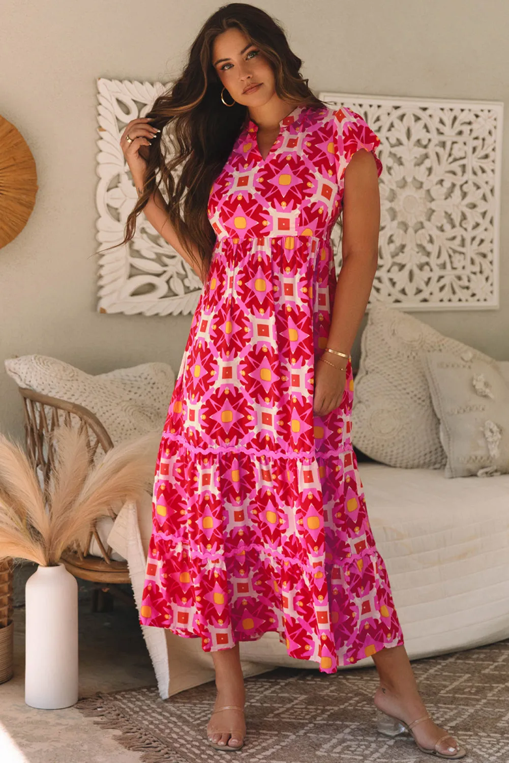 Geo Print V-neck Maxi Dress