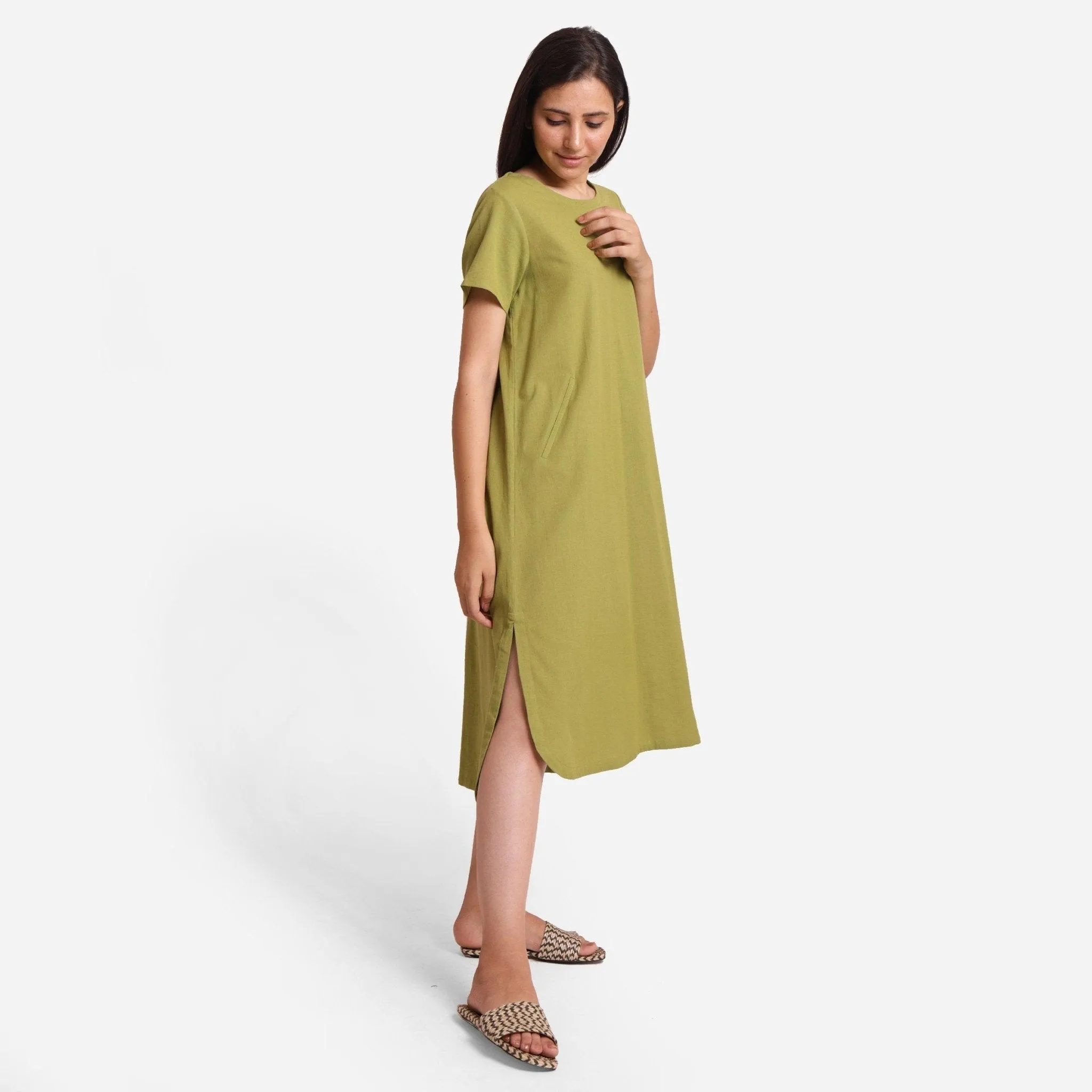 Khakhi Green Cotton Flax High-Low Midi Shift Dress