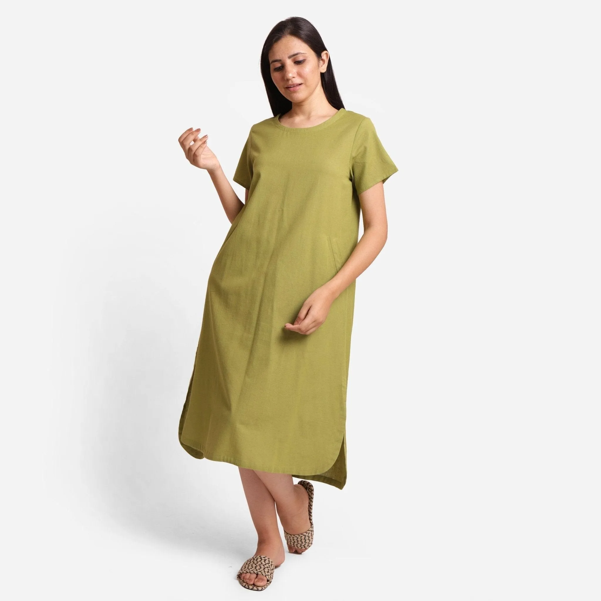 Khakhi Green Cotton Flax High-Low Midi Shift Dress