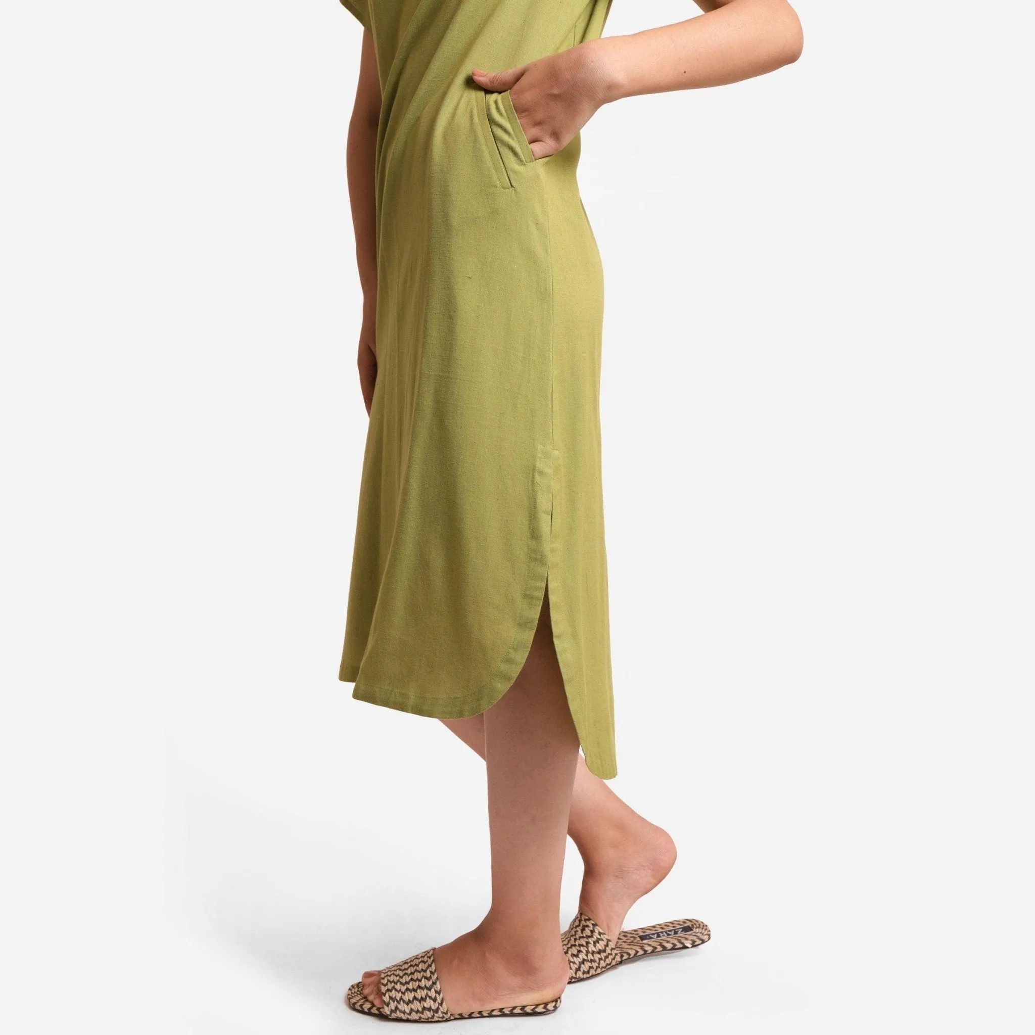 Khakhi Green Cotton Flax High-Low Midi Shift Dress