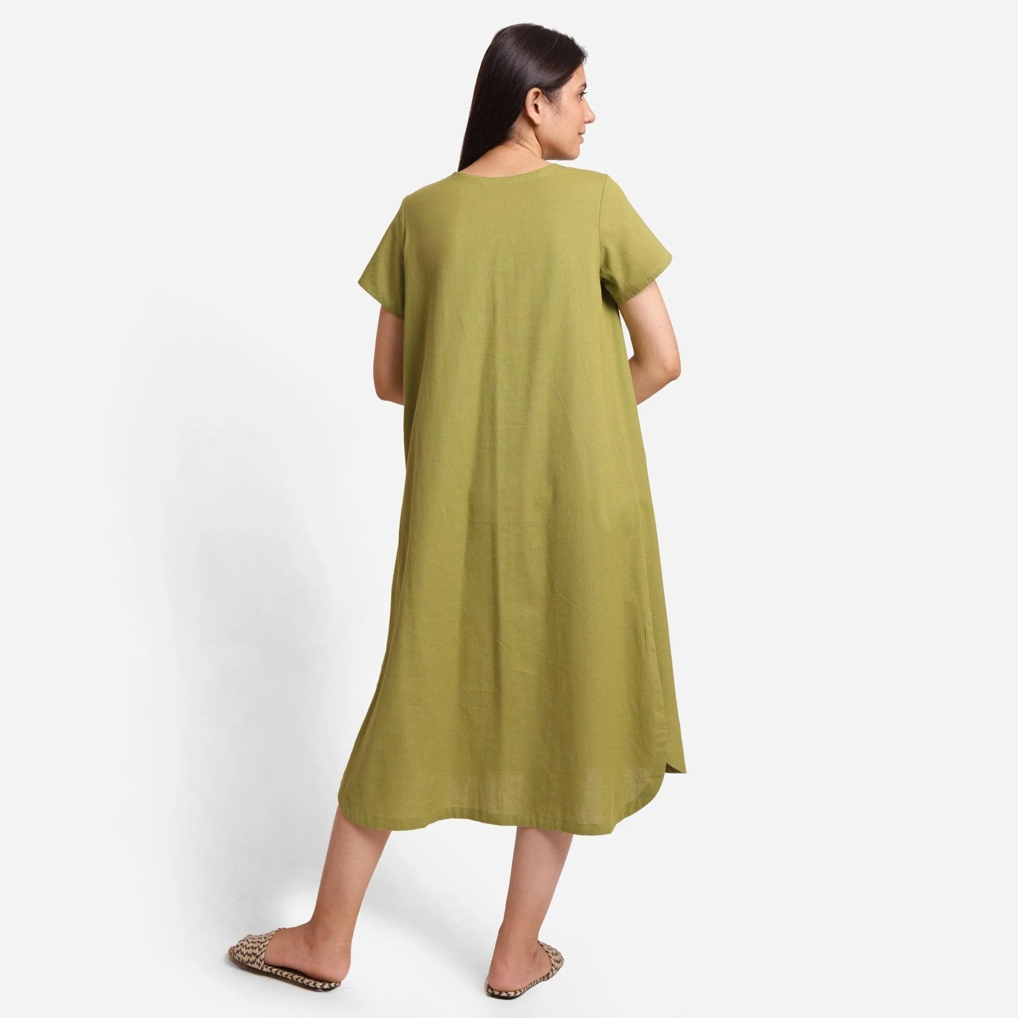 Khakhi Green Cotton Flax High-Low Midi Shift Dress