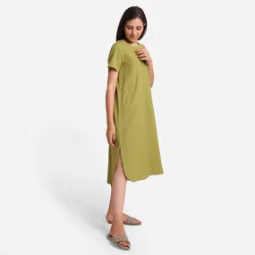 Khakhi Green Cotton Flax High-Low Midi Shift Dress