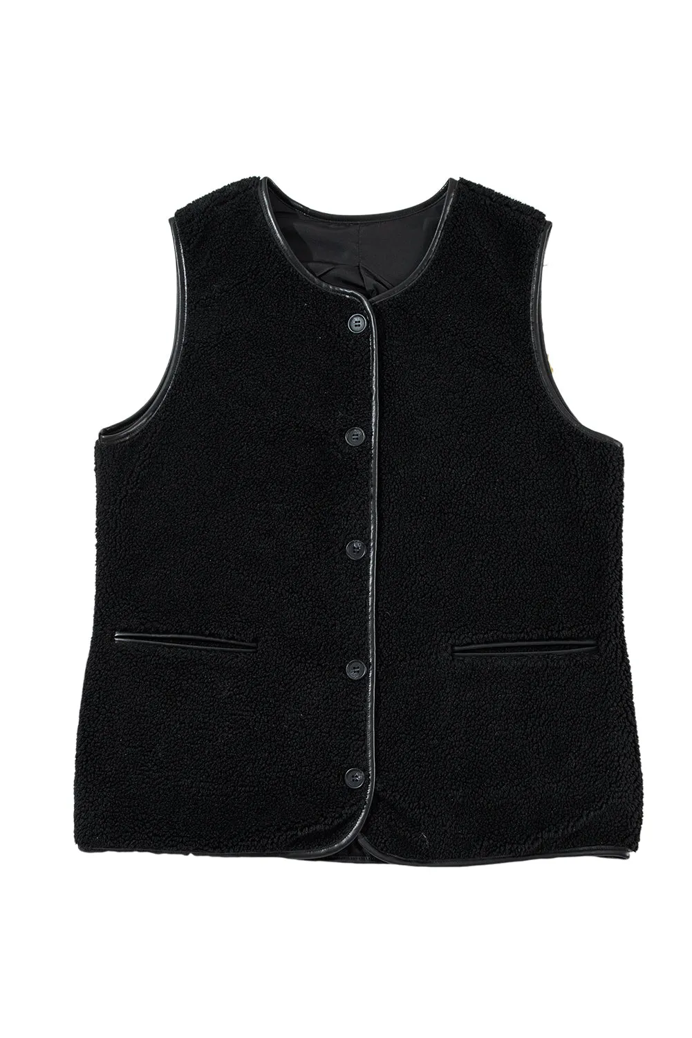 Leather Contrast Side Pockets Buttoned Fleece Vest