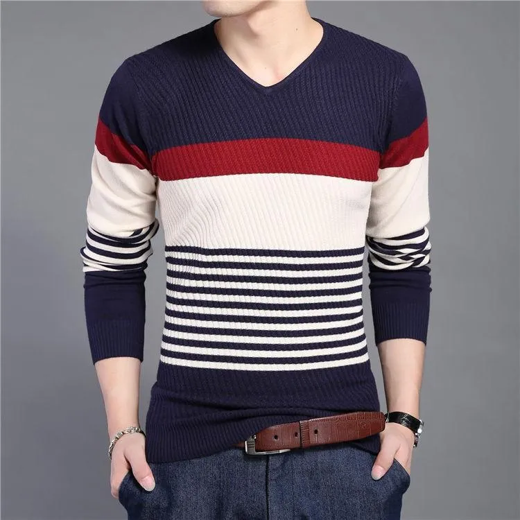 Men's Knitted Striped V-Neck Slim Fit Sweater