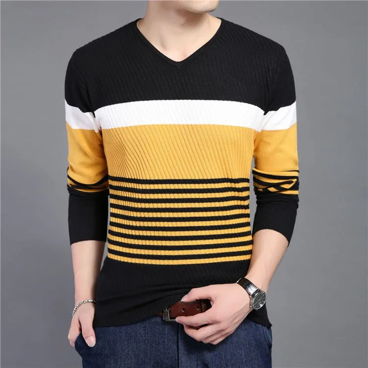 Men's Knitted Striped V-Neck Slim Fit Sweater