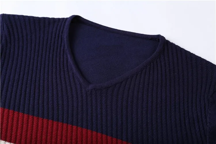 Men's Knitted Striped V-Neck Slim Fit Sweater