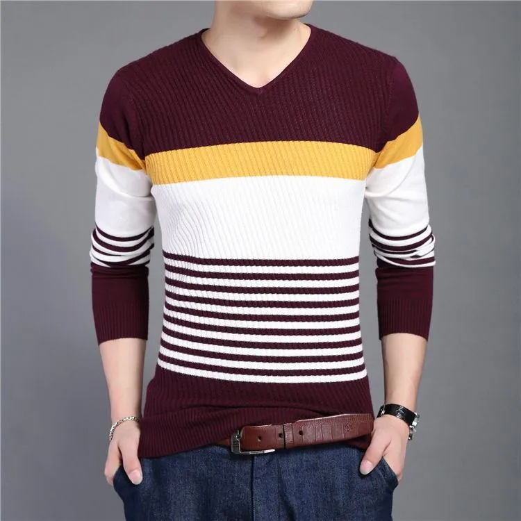 Men's Knitted Striped V-Neck Slim Fit Sweater