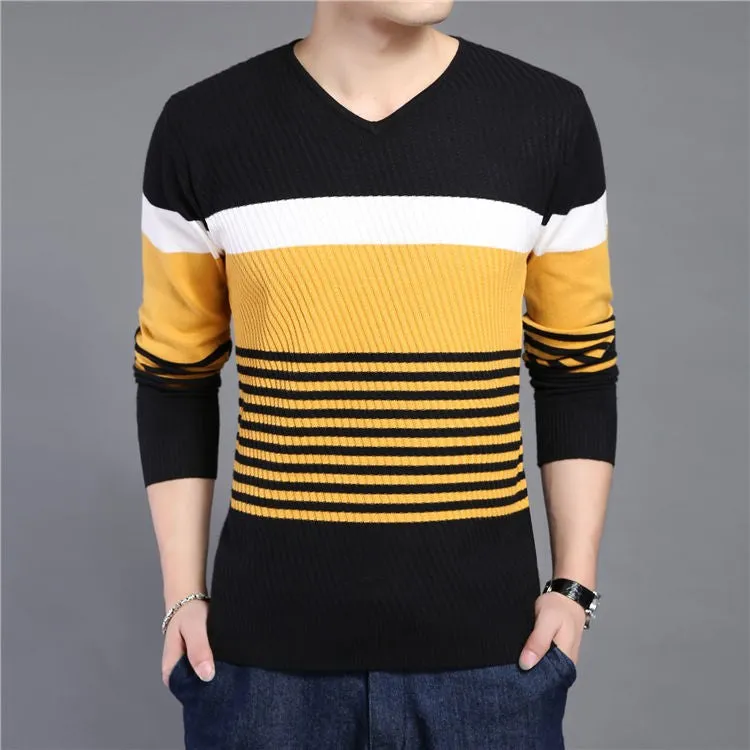 Men's Knitted Striped V-Neck Slim Fit Sweater