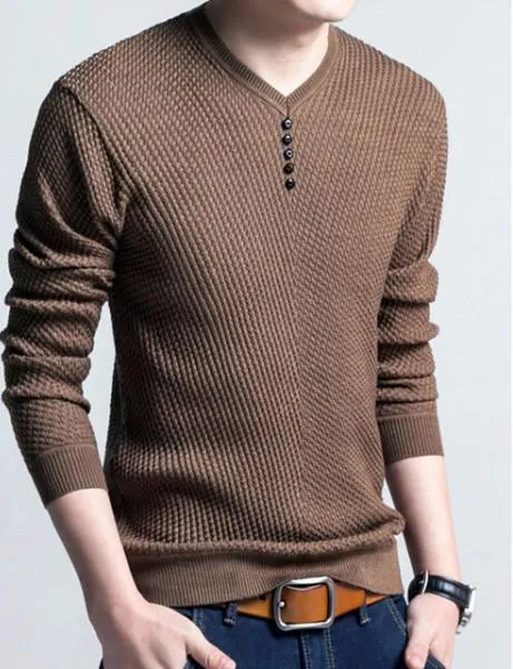 Men's V-Neck Long Sleeve Solid Color Pullover