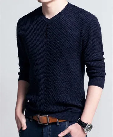 Men's V-Neck Long Sleeve Solid Color Pullover