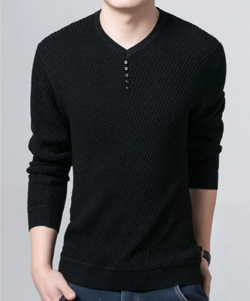 Men's V-Neck Long Sleeve Solid Color Pullover