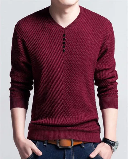 Men's V-Neck Long Sleeve Solid Color Pullover