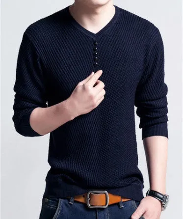 Men's V-Neck Long Sleeve Solid Color Pullover