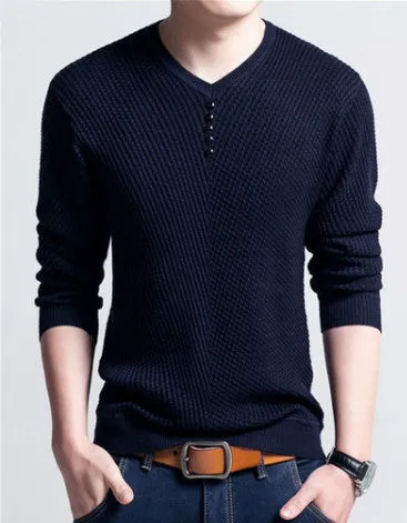 Men's V-Neck Long Sleeve Solid Color Pullover