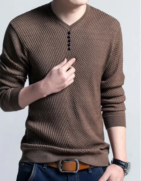 Men's V-Neck Long Sleeve Solid Color Pullover