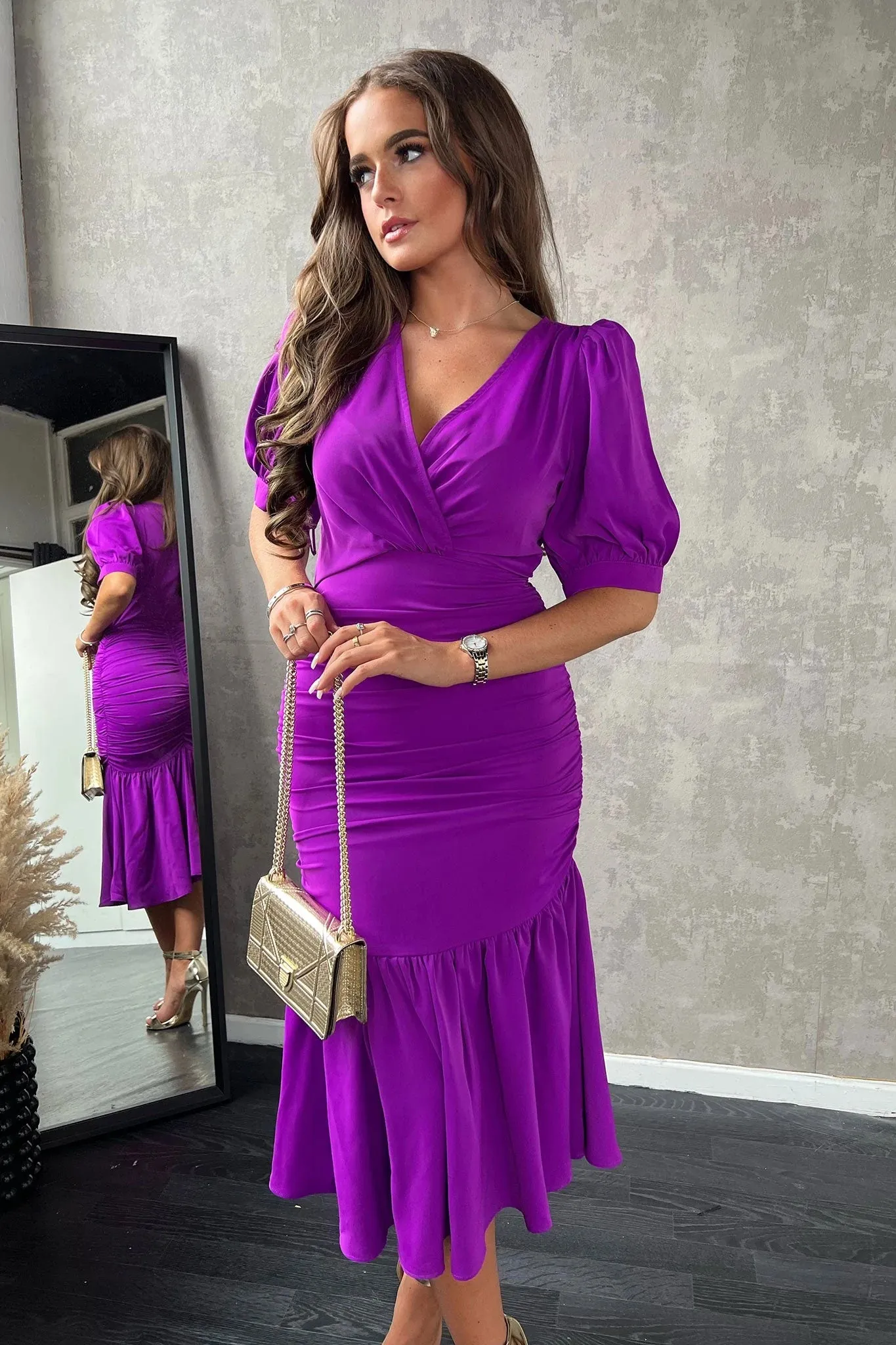 Nina Orchid Puff Sleeve Ruched Midi Dress