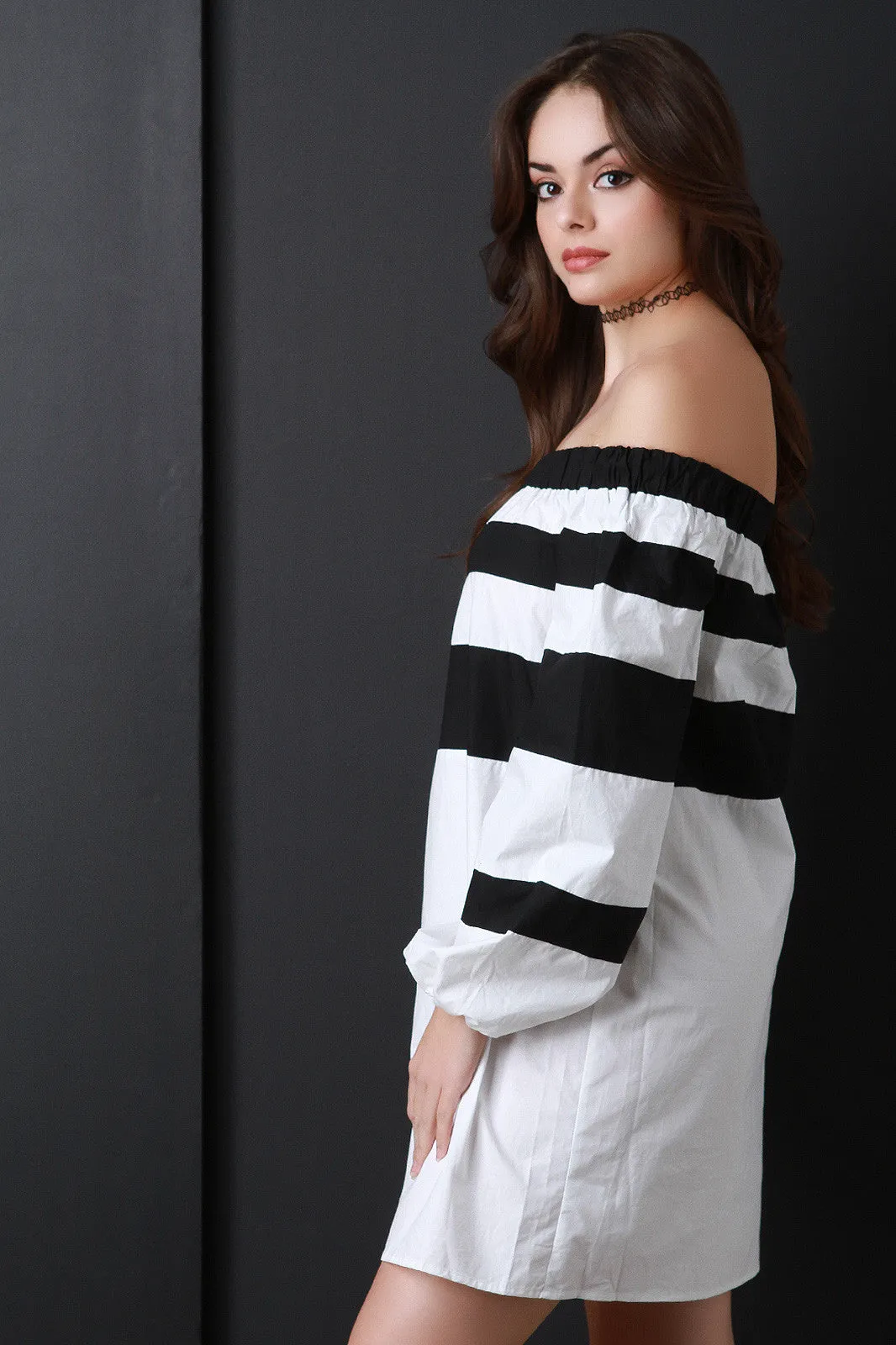 Off The Shoulder Stripe Shift Dress