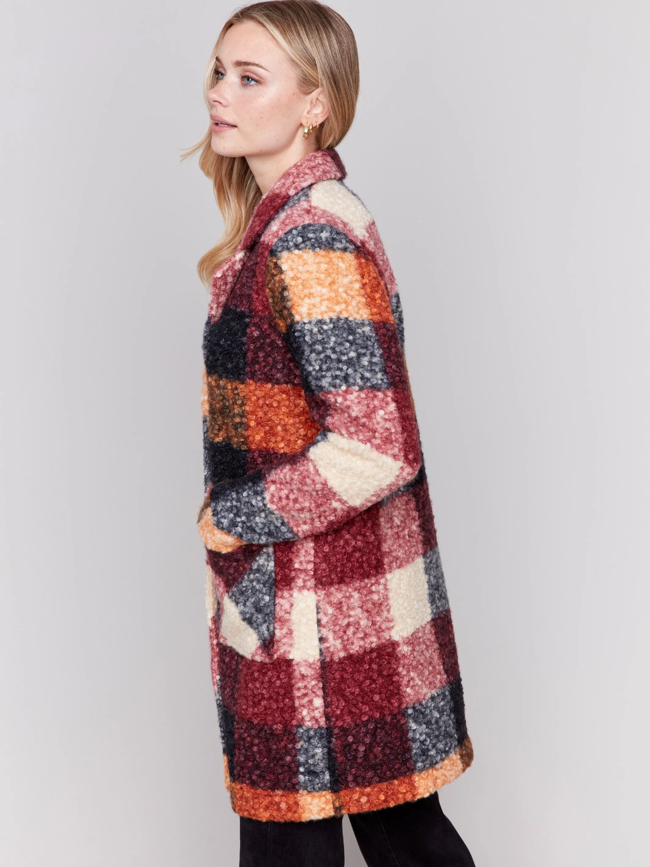 Plaid Bouclé Knit Coat - Cabernet