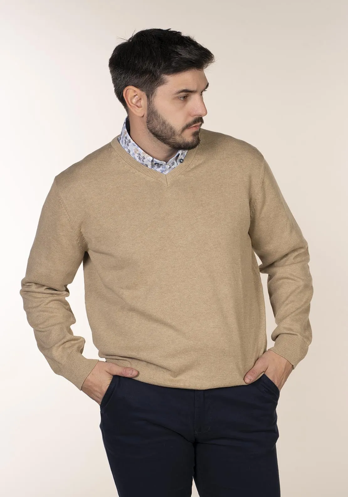 Plain Cotton V Neck Sweaters - Beige