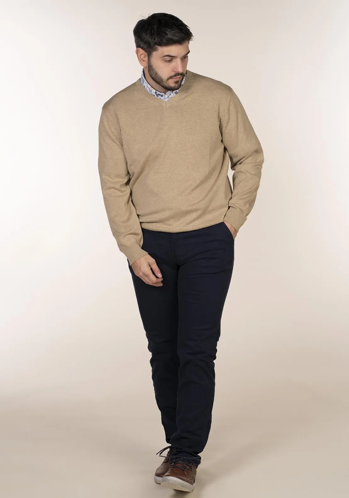 Plain Cotton V Neck Sweaters - Beige