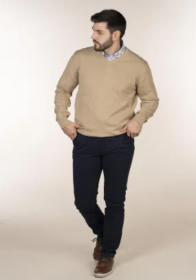 Plain Cotton V Neck Sweaters - Beige