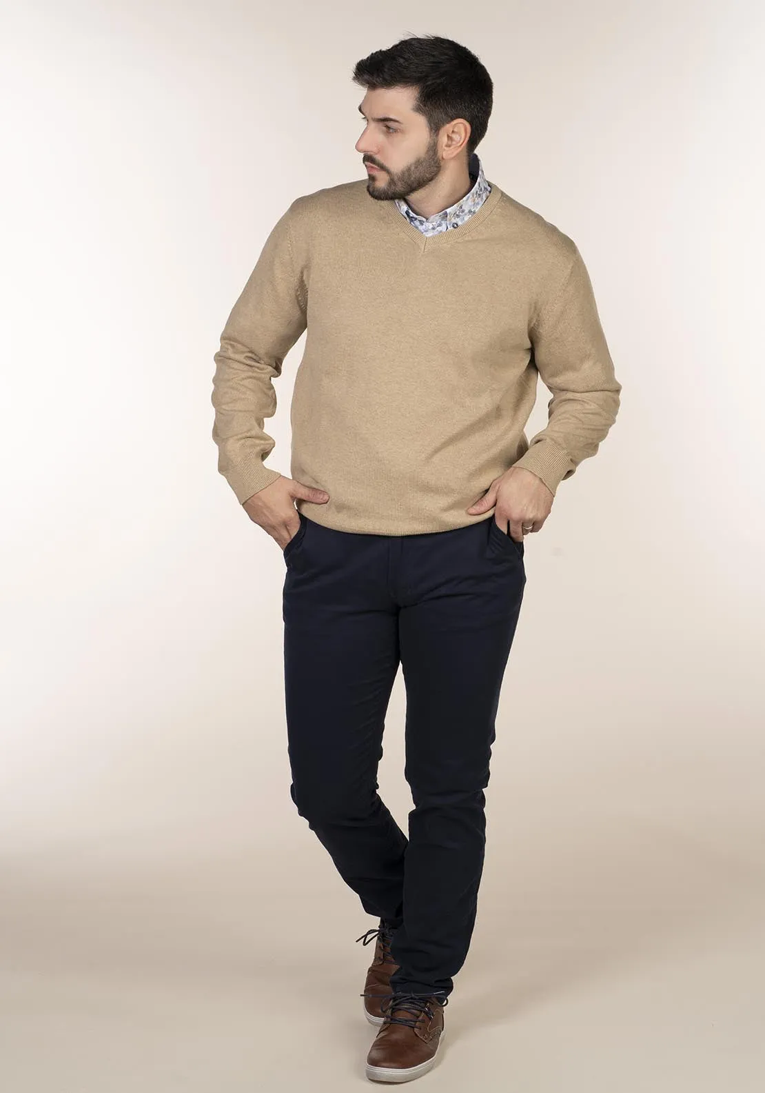 Plain Cotton V Neck Sweaters - Beige