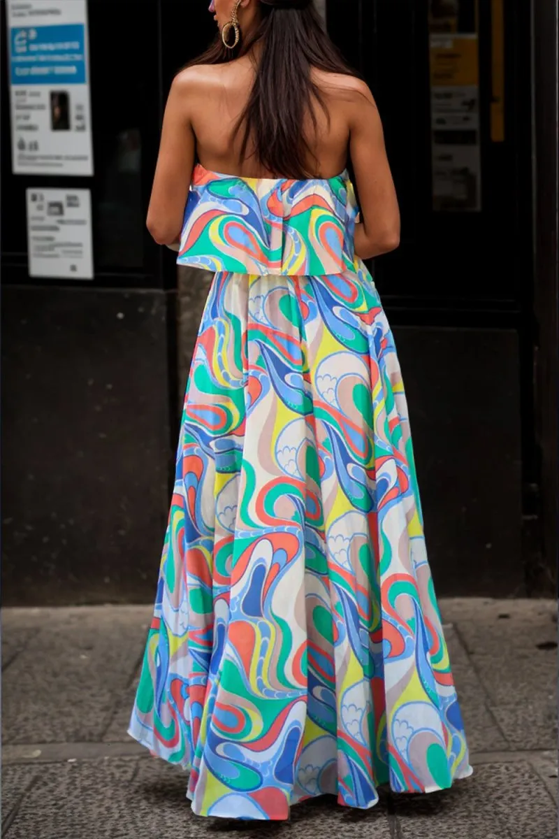 Printed Maxi Strapless Casual Dress with Side Slit