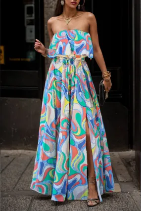 Printed Maxi Strapless Casual Dress with Side Slit