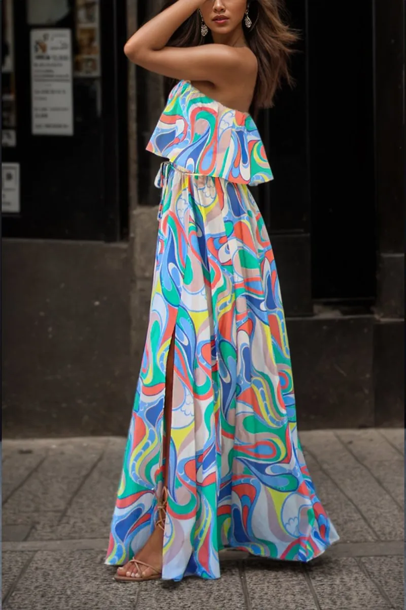 Printed Maxi Strapless Casual Dress with Side Slit