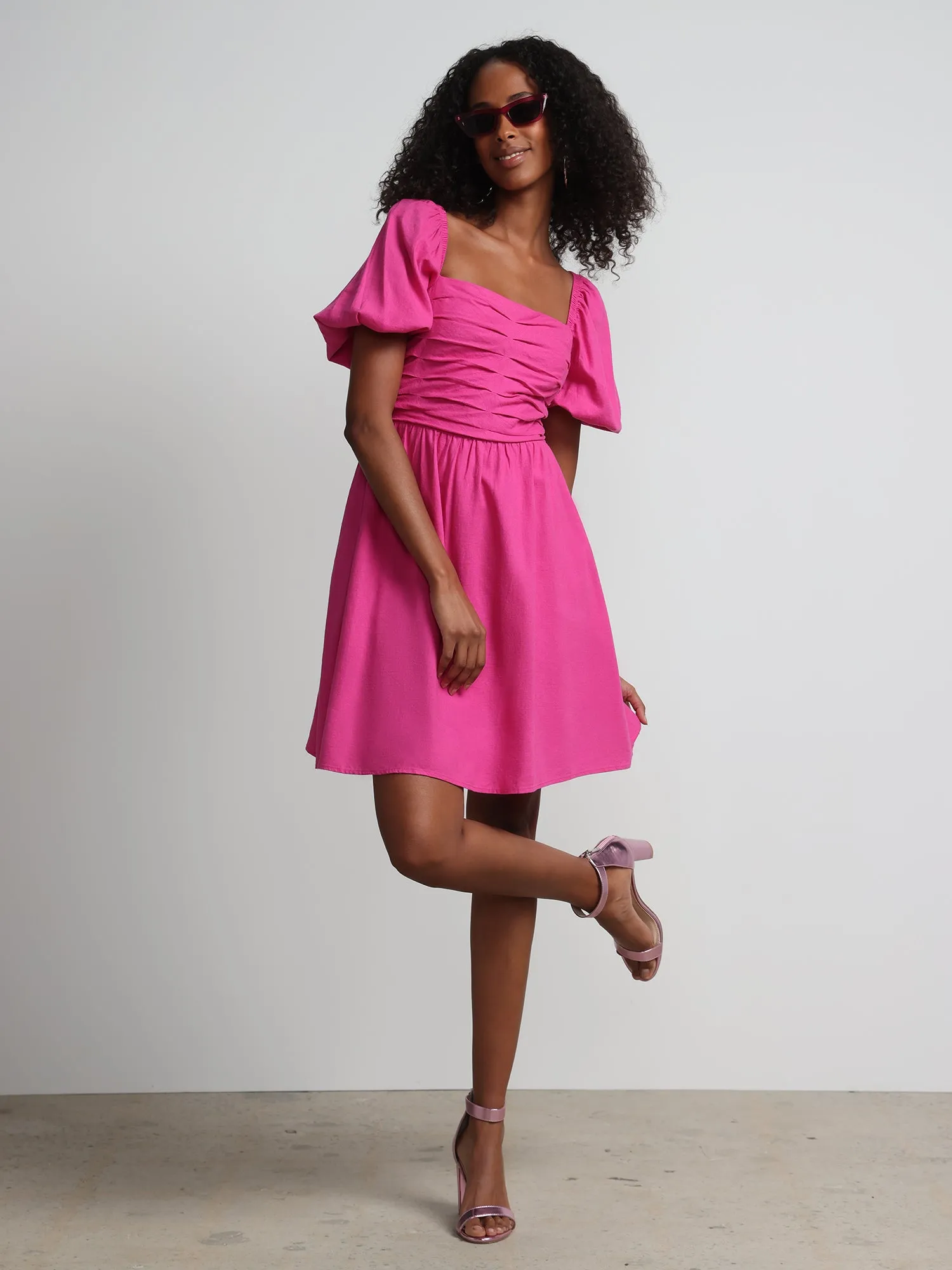 Puff-Sleeve Smocked Shift Dress