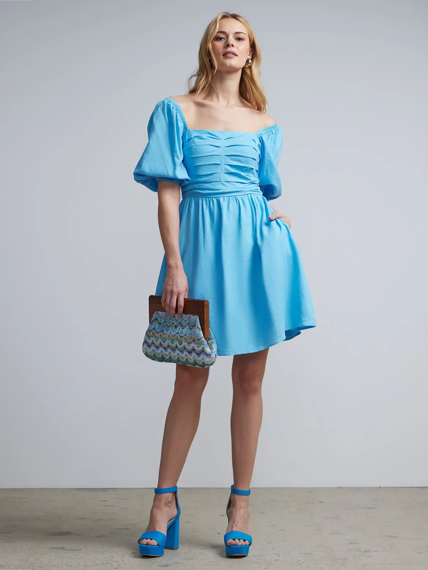 Puff-Sleeve Smocked Shift Dress