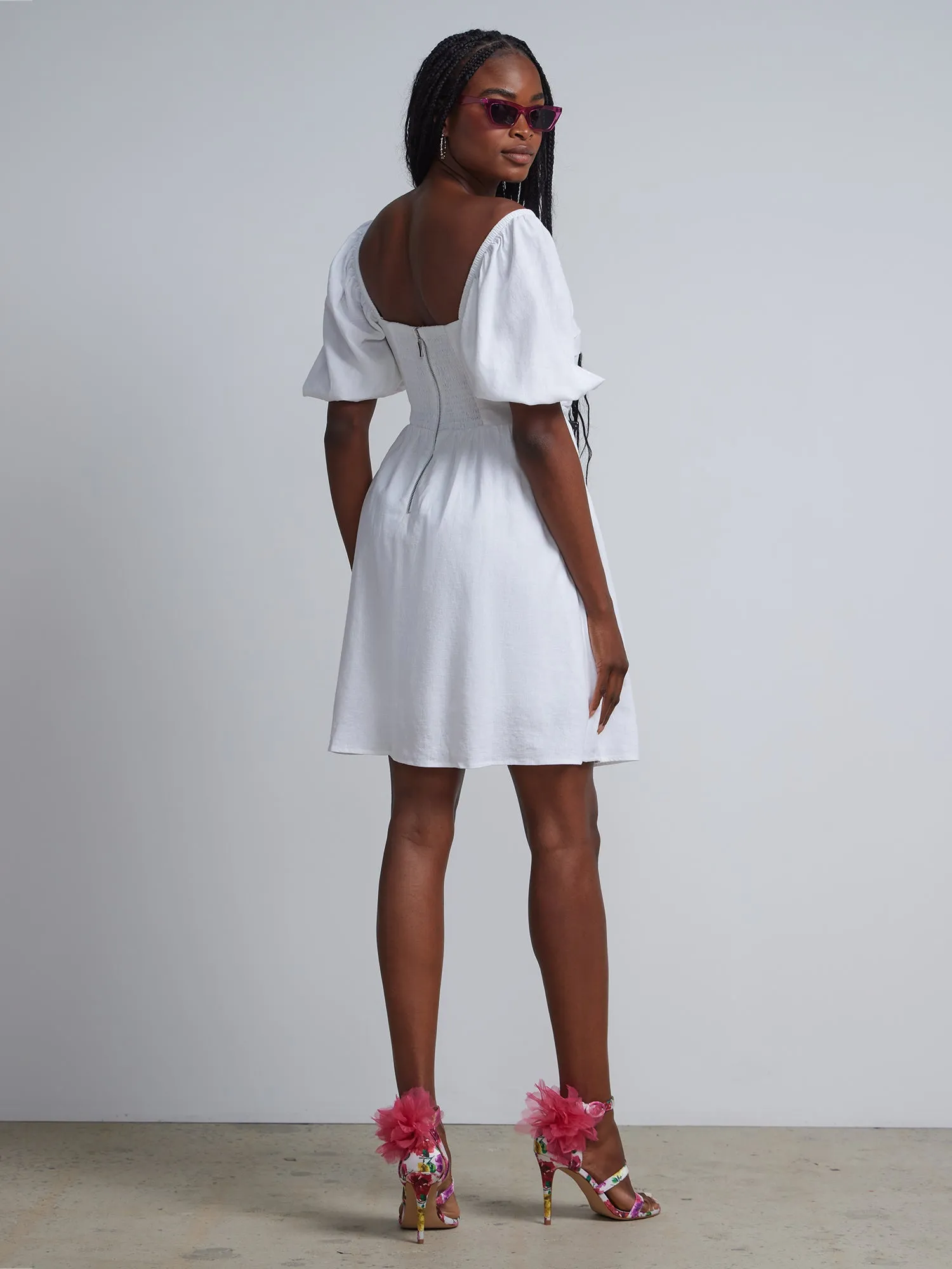 Puff-Sleeve Smocked Shift Dress