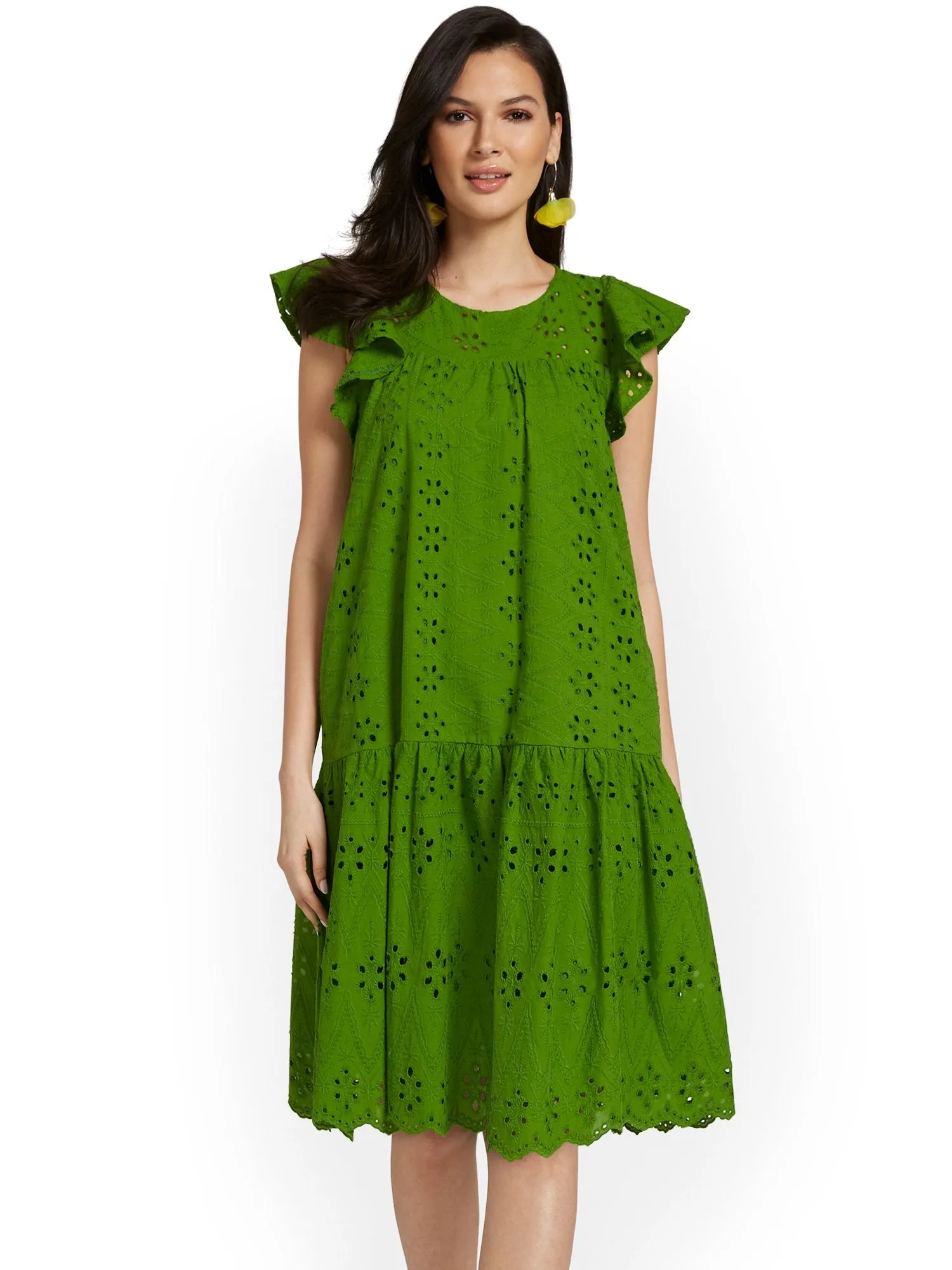 Ruffle-Sleeve Eyelet Shift Dress