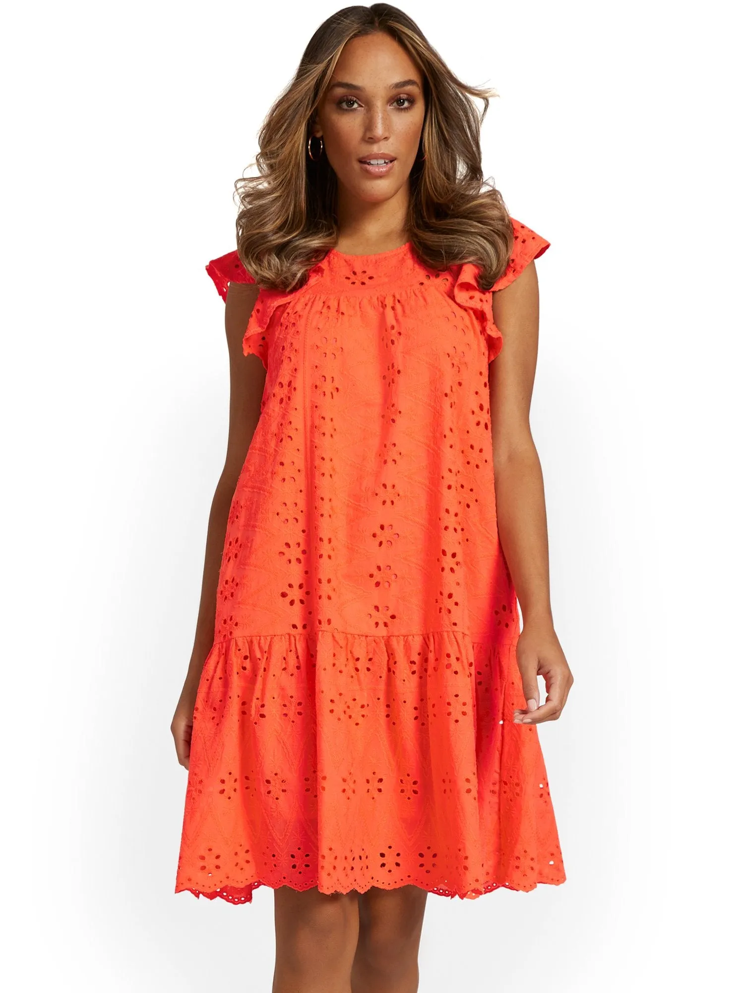 Ruffle-Sleeve Eyelet Shift Dress