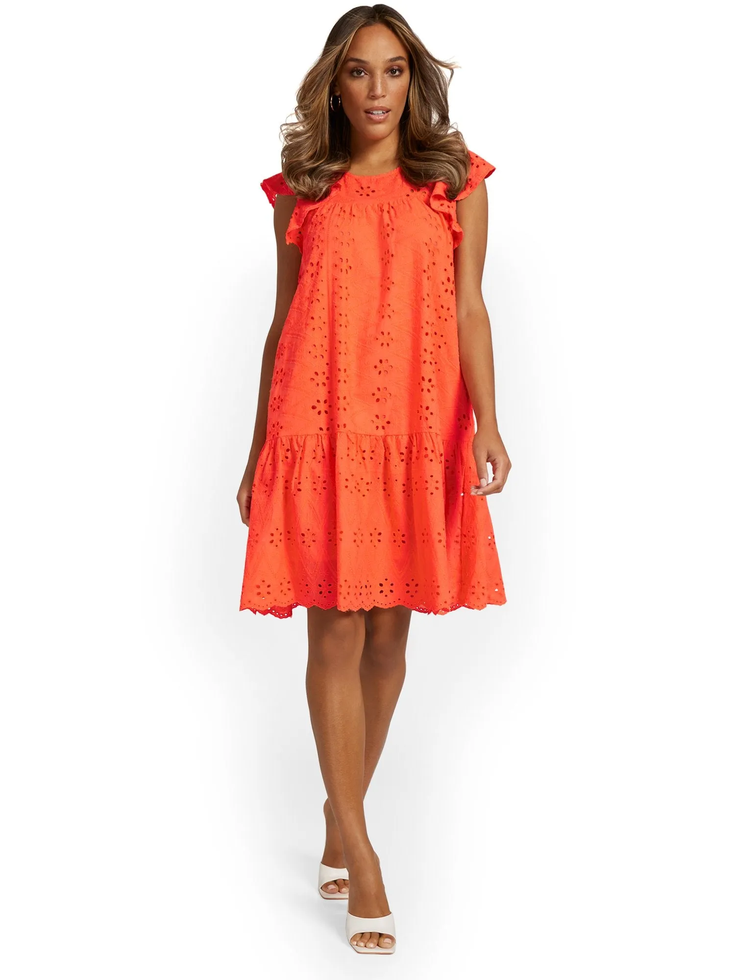 Ruffle-Sleeve Eyelet Shift Dress